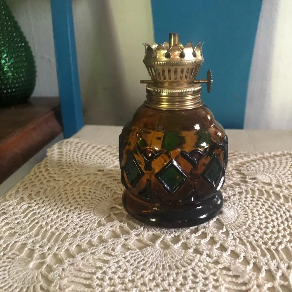 Vintage Small Amber Glass Hurricane Oil Lamp